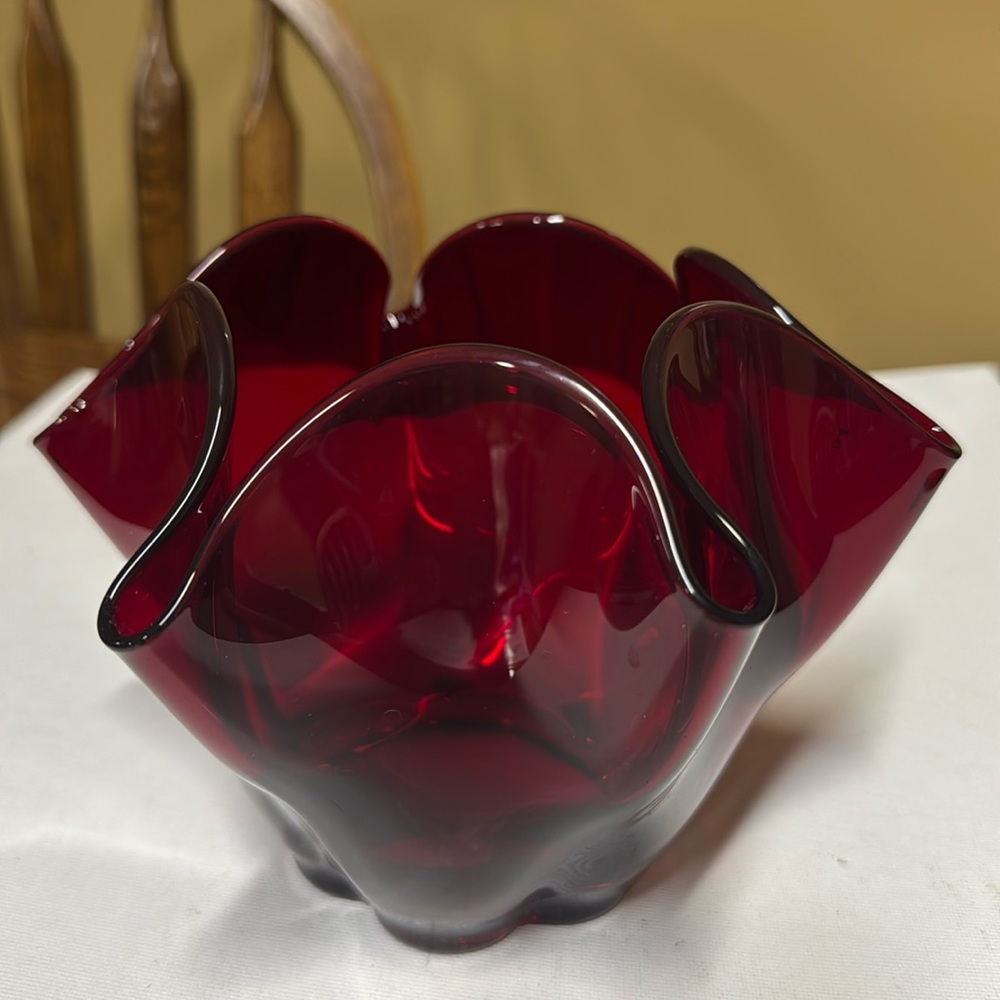 Duncan Miller Glass Ruby Red Canterbury Crimped Vase 7.5” diameter x 5.5”tall